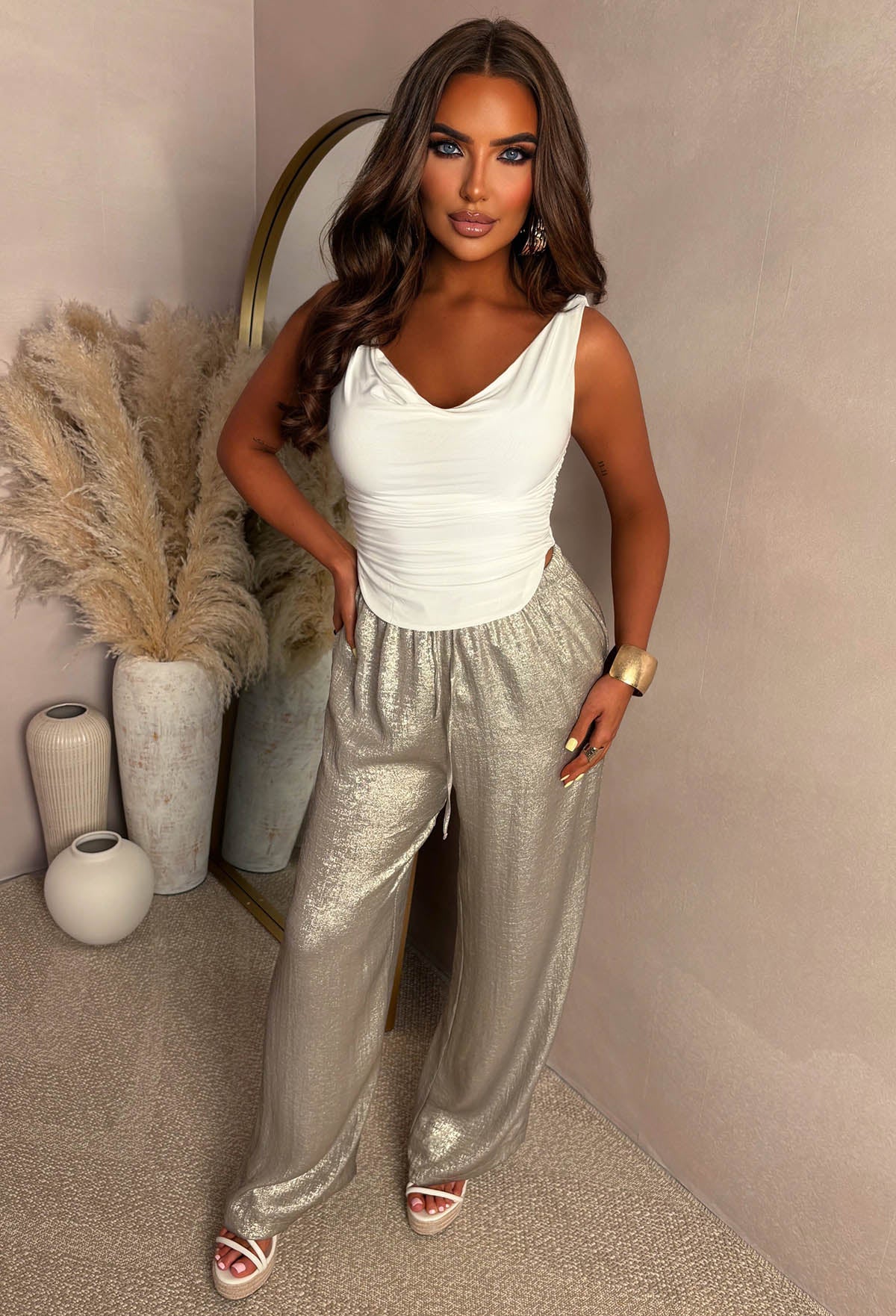 Golden Glow Champagne Metallic Drawstring Straight Trousers