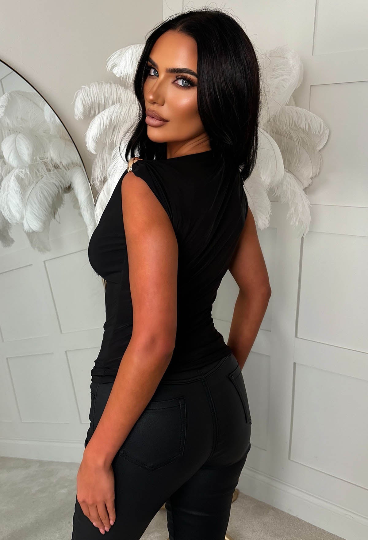 Goldline Black Ruched Gold Detail Top