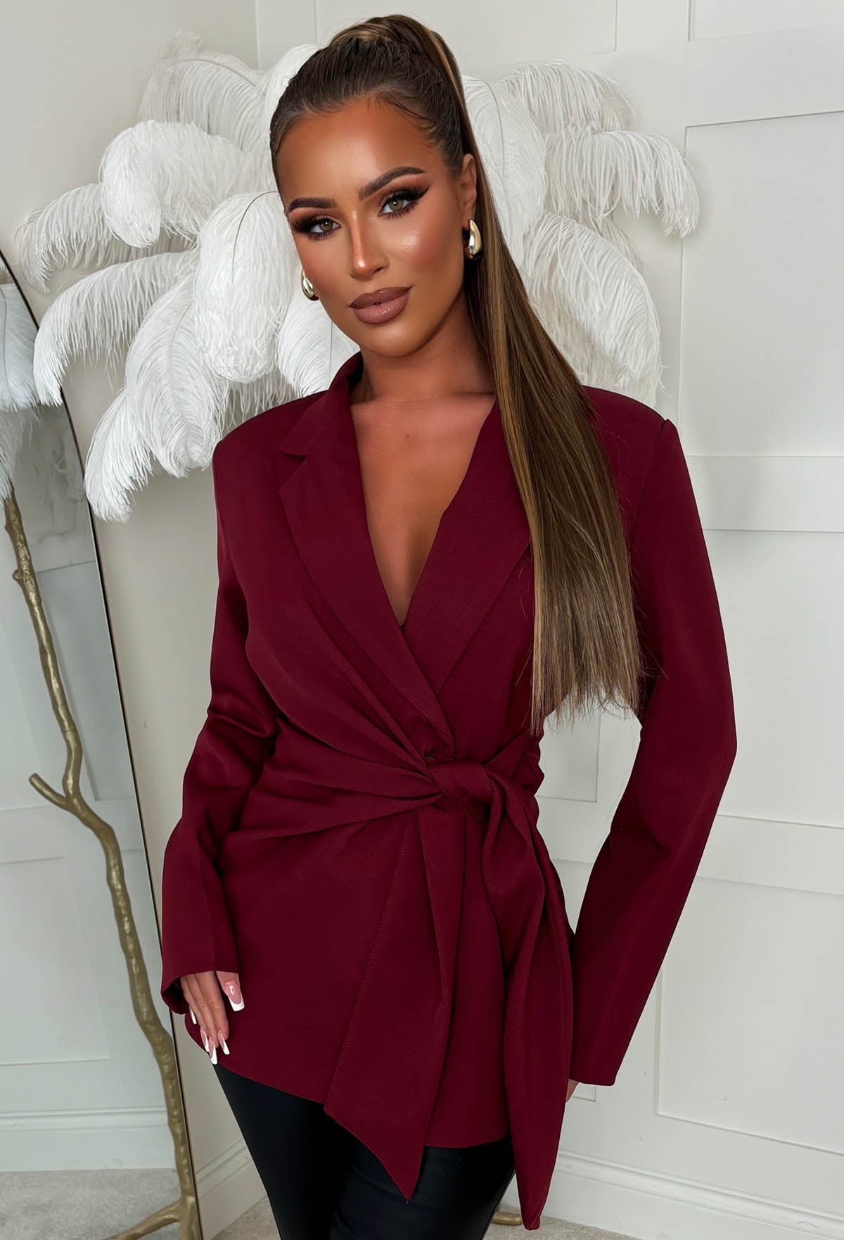 Gossip Gal Burgundy Tie Side Blazer