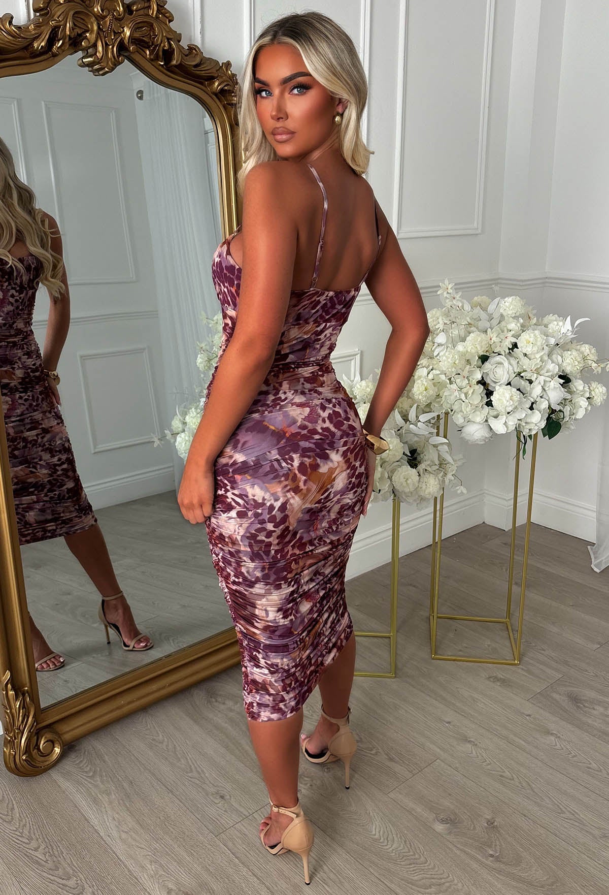 Grace Embrace Purple Print Ruched Midi Dress