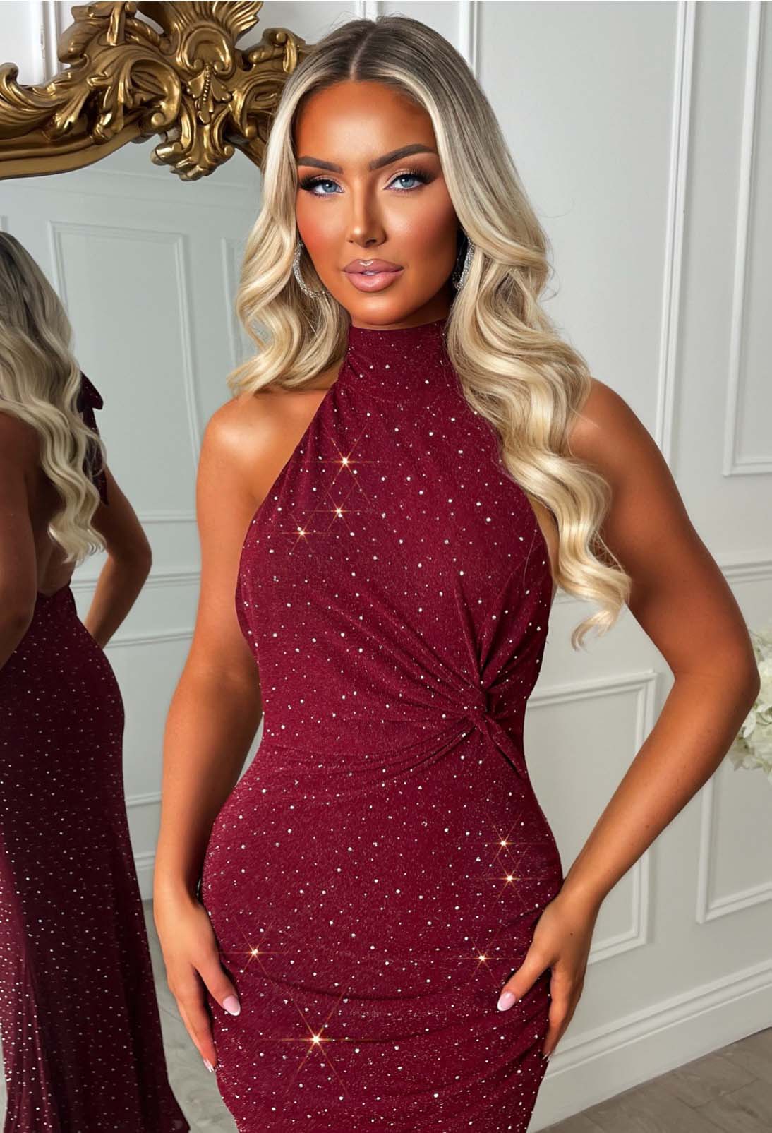 Halo Effect Burgundy Hot Fix Halter Twist Midaxi Dress