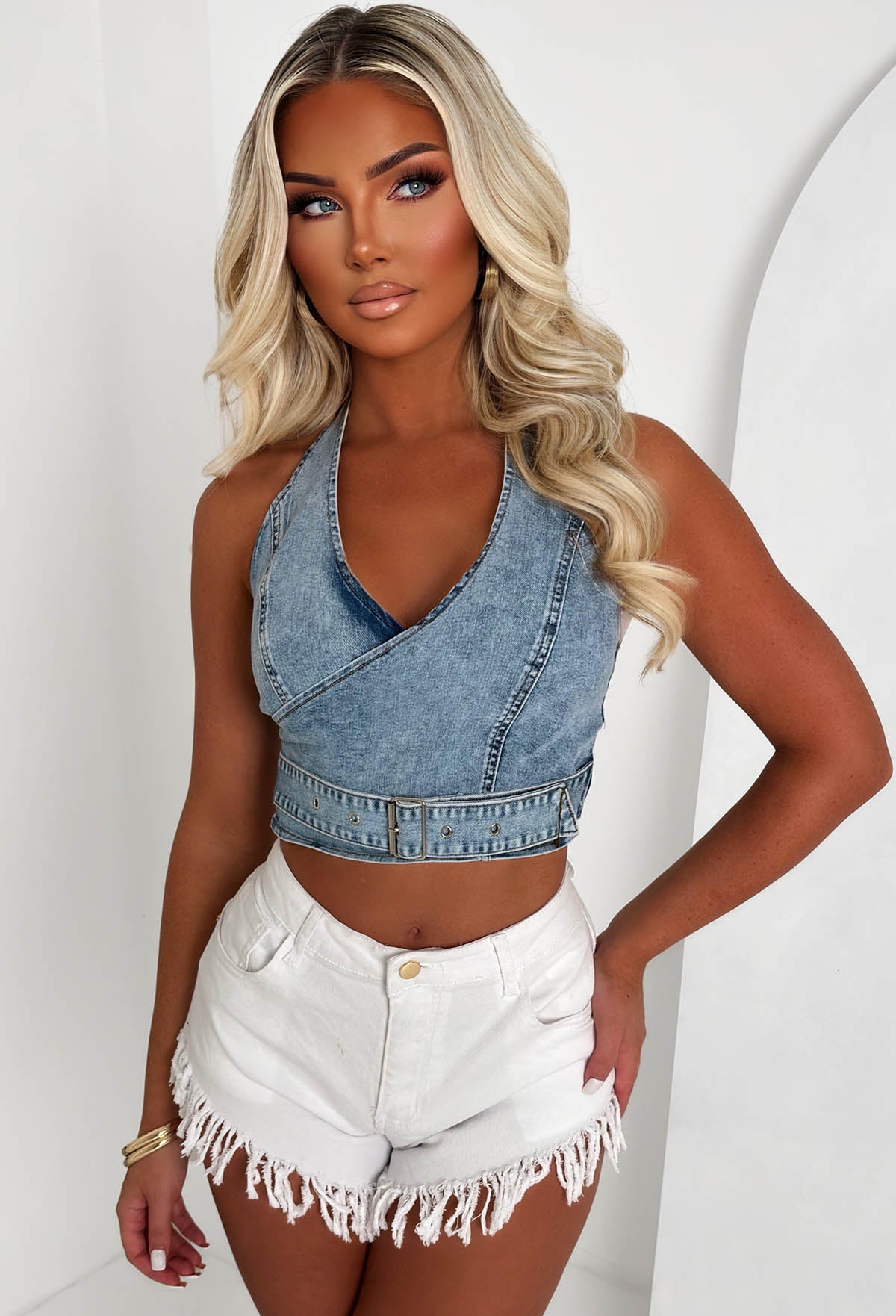Halter Perspective Light Wash Stretch Denim Buckled Top