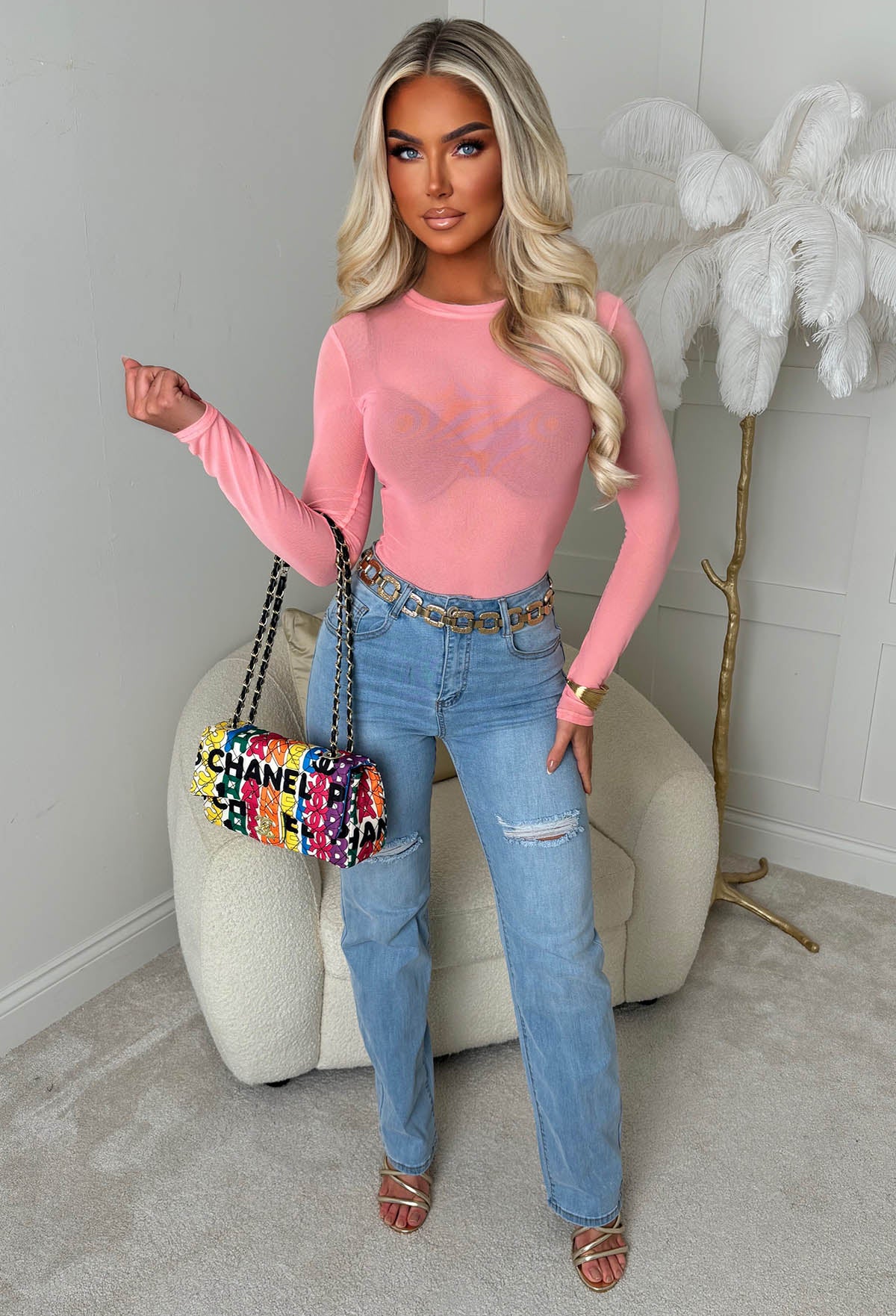 Hard To Miss Coral Sheer Mesh Bodysuit