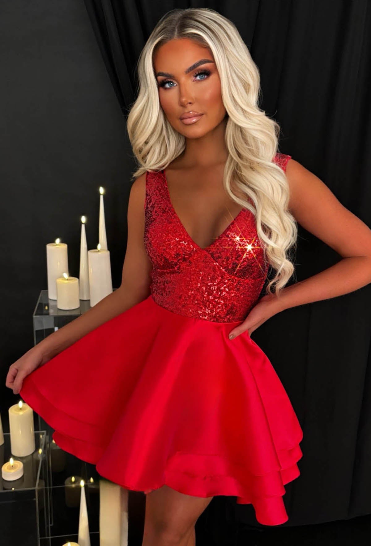 Heart Broken Red Sequin Multi Layer Skater Dress