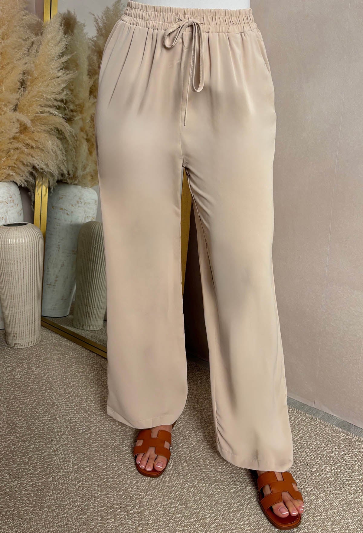 Heart Burst Beige Elasticated Straight Leg Trousers