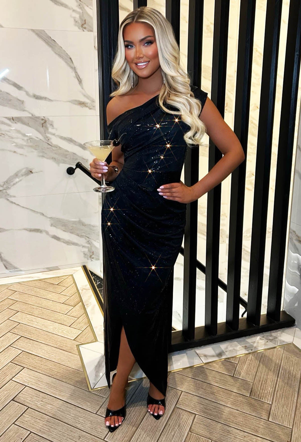 Heart Of Glass Black Off The Shoulder Ruched Sparkle Foil Midaxi Dress