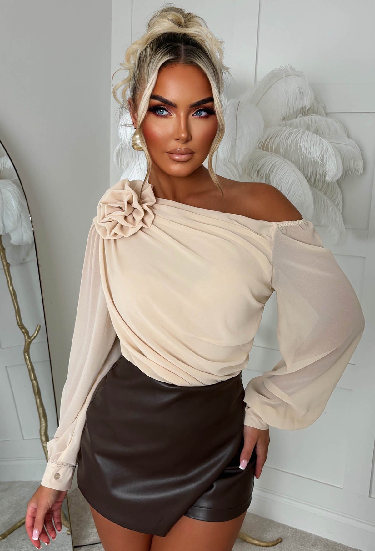 Heartbreaker Hue Beige Mesh Corsage Draped Bodysuit