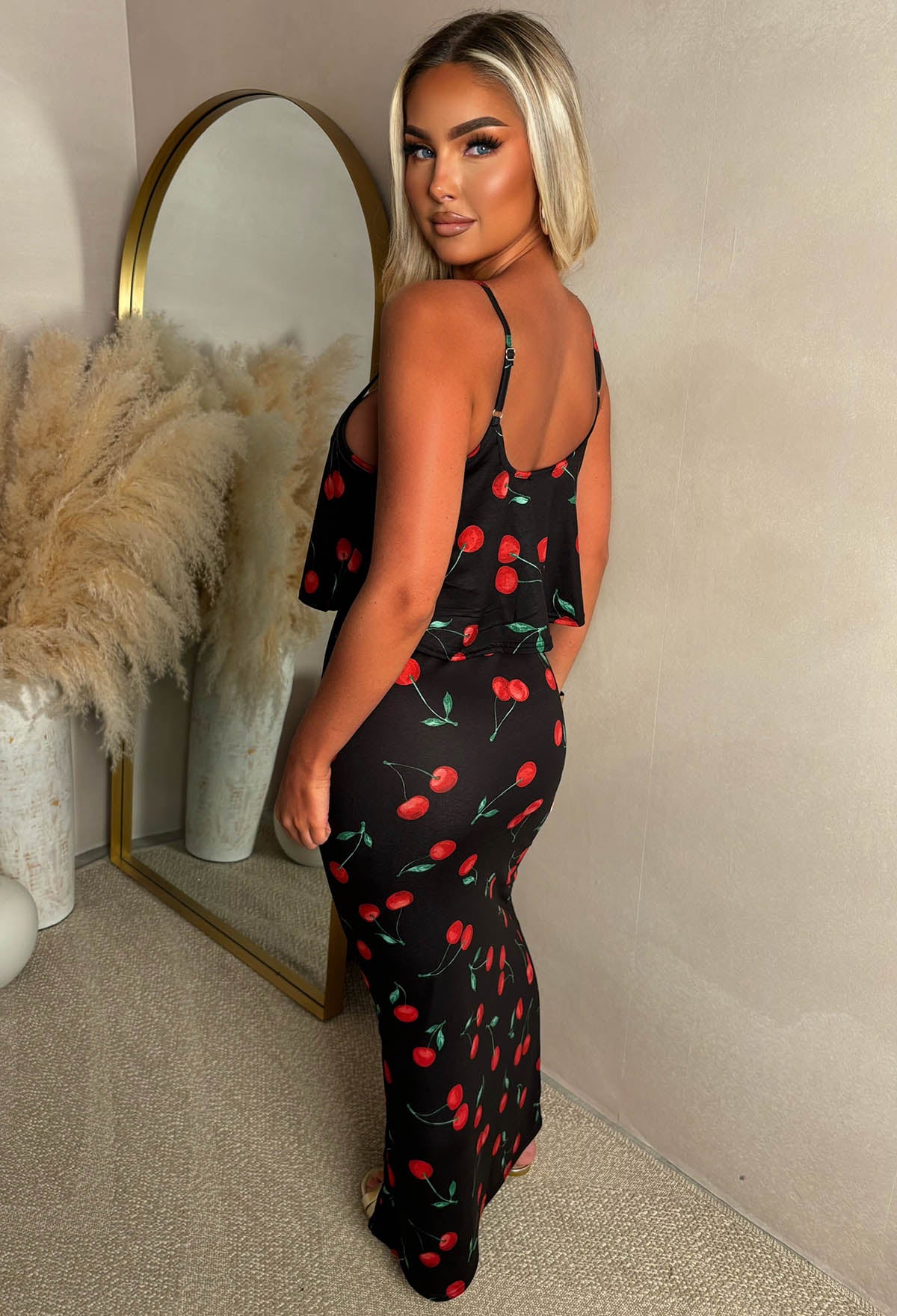 Heatwave Cherries Black Super Soft Comfort Jersey Frill Maxi Dress