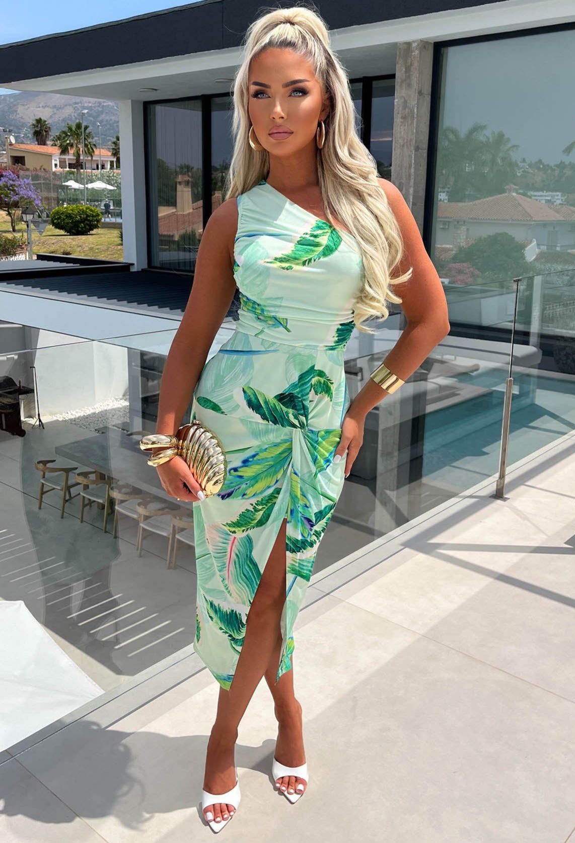 Heatwave Hottie Green Twist Front One Shoulder Leaf Print Ruched Back Dress