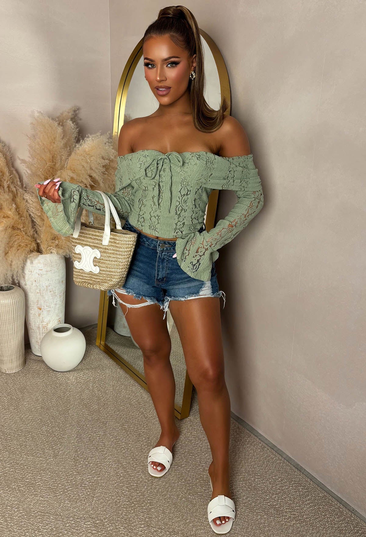 Heavenly Haze Sage Lace Off Shoulder Top