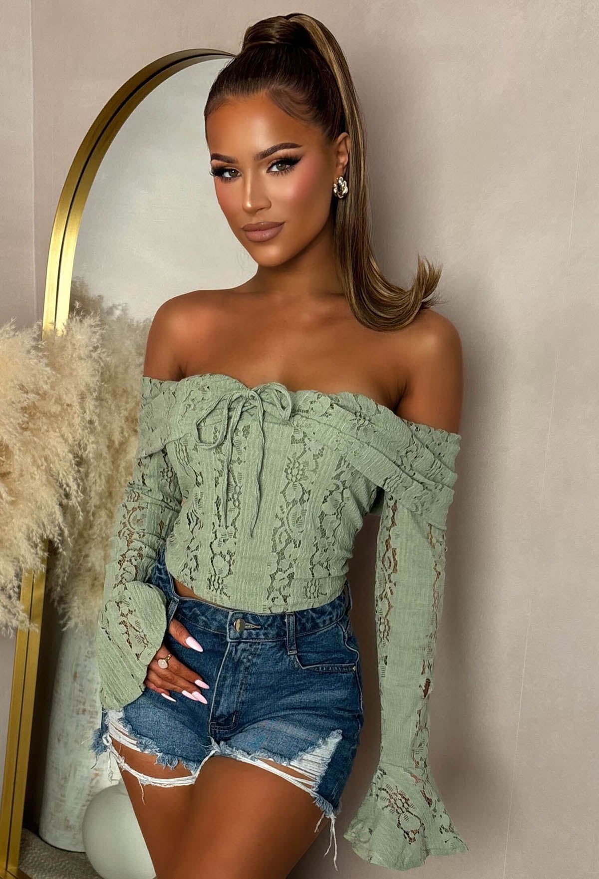 Heavenly Haze Sage Lace Off Shoulder Top