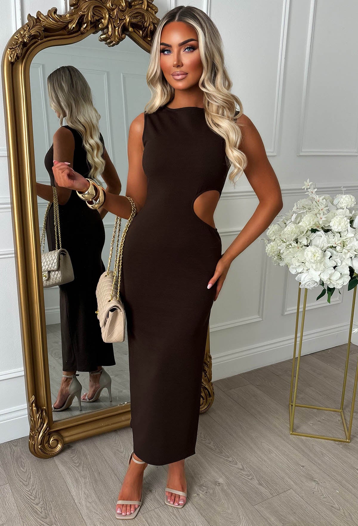 High Society Honey Brown Cut Out Maxi Dress | Pink Boutique