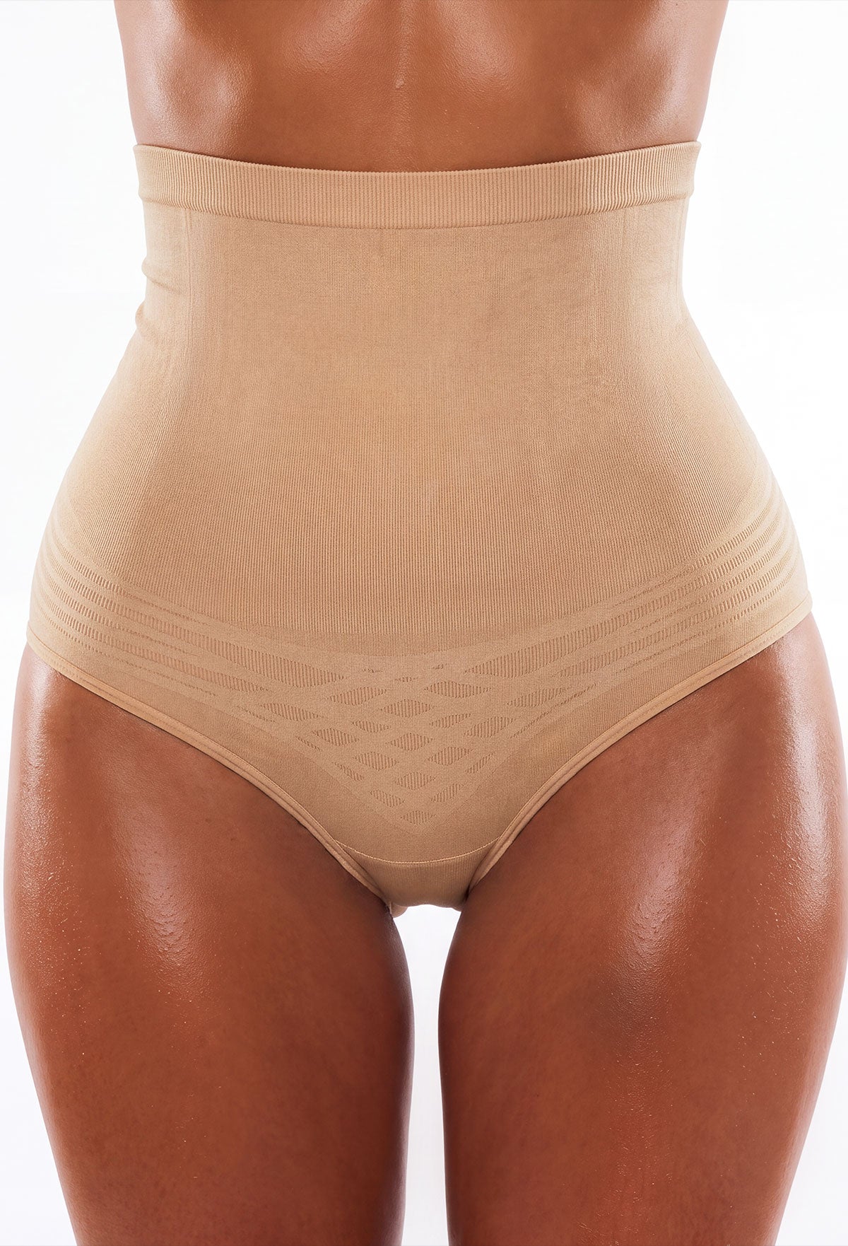 Neutral high-waisted tummy control underwear with a smooth seamless finish and supportive shaping panels.