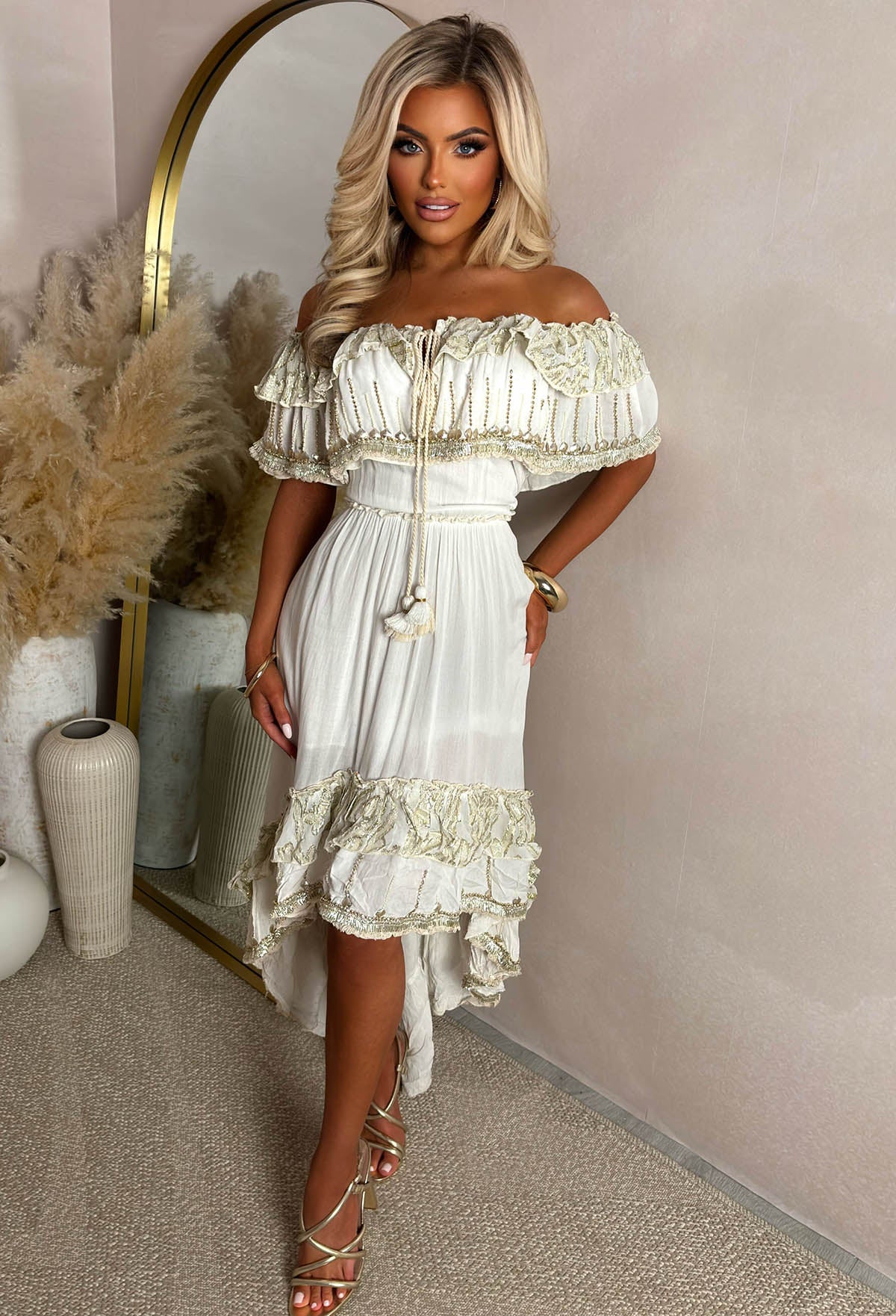 Holiday Dream Stone Bardot Boho Dress | Pink Boutique Holiday Dream Stone Bardot Boho Dress | Pink Boutique