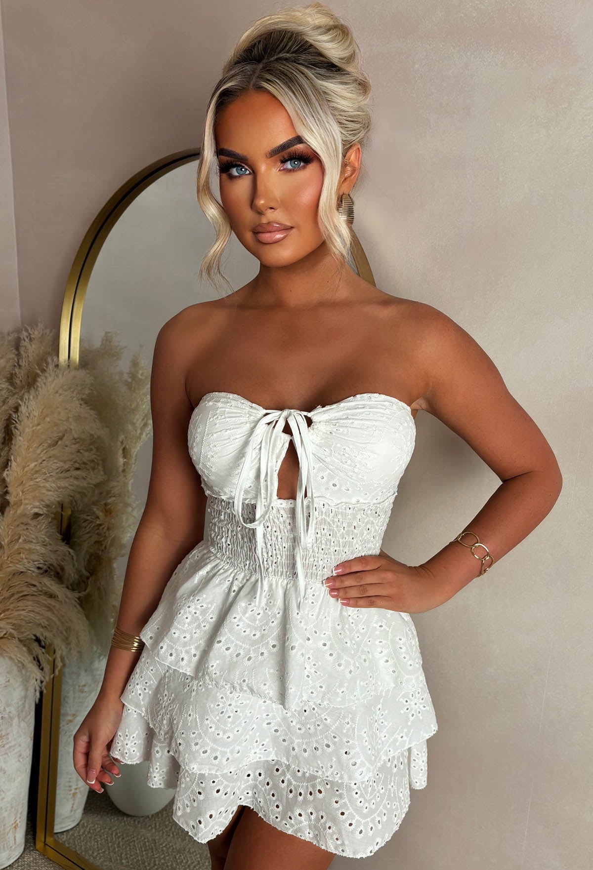 Holiday Tease White Tie Front Frill Broderie Anglaise Mini Dress