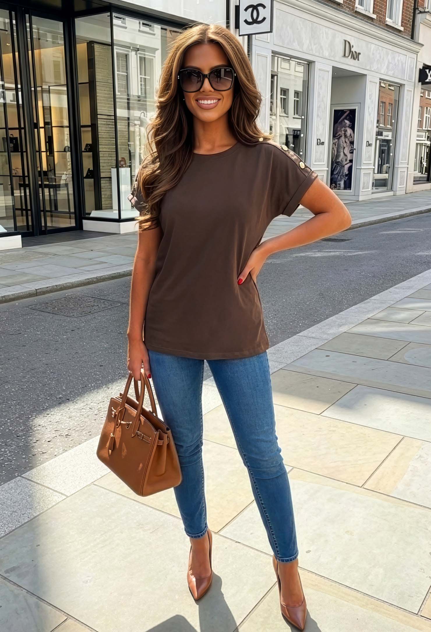 Holly Brown Basic Gold Button T-shirt