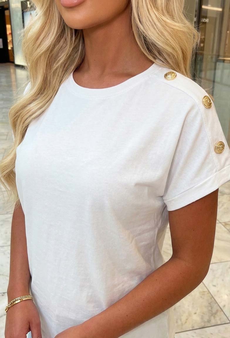 Holly White Basic Gold Button T-shirt