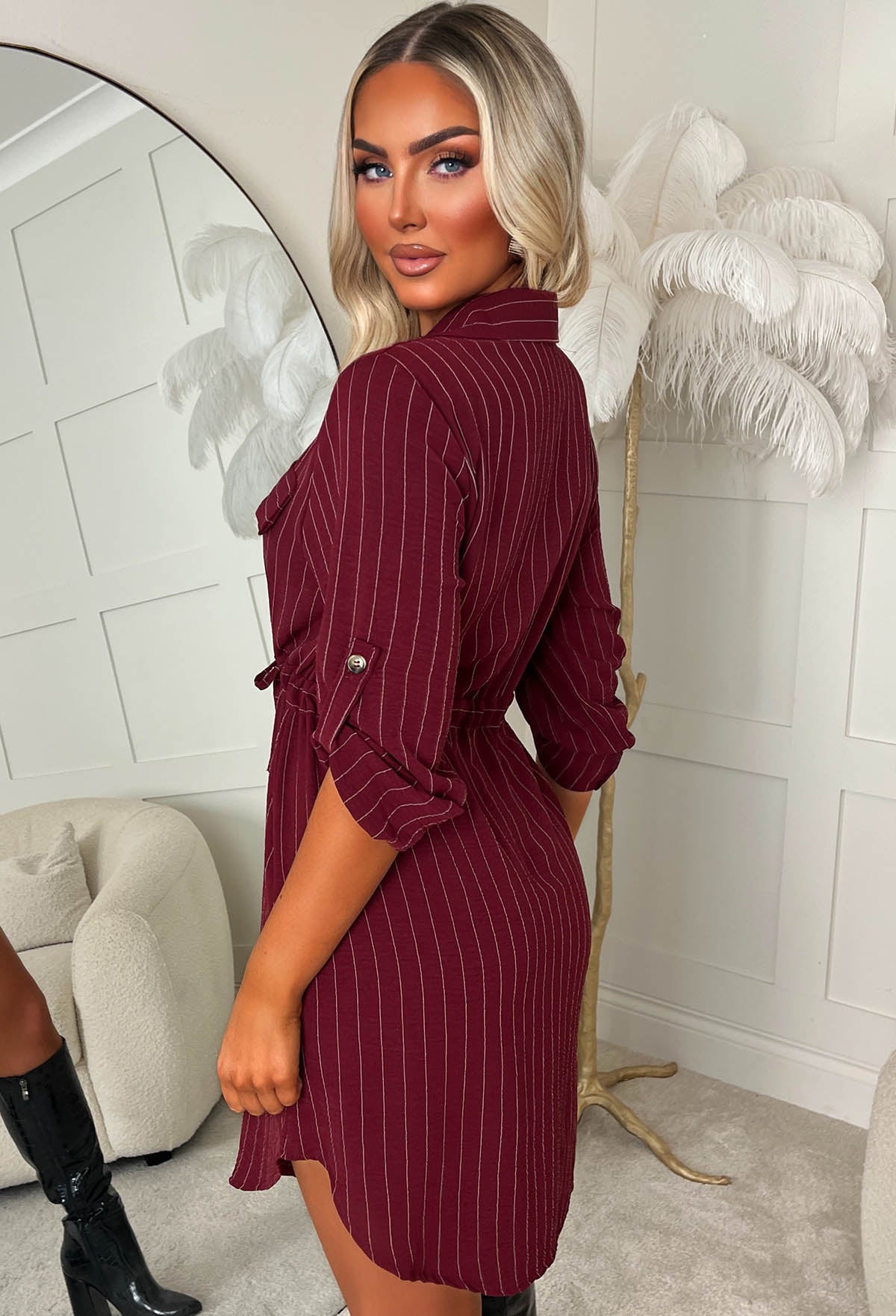Honey Delight Burgundy Pinstripe Tie Front Shirt Dress