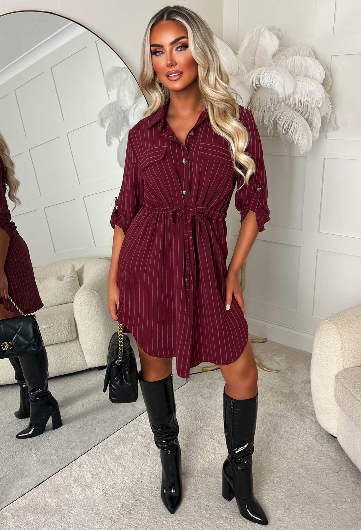 Honey Delight Burgundy Pinstripe Tie Front Shirt Dress