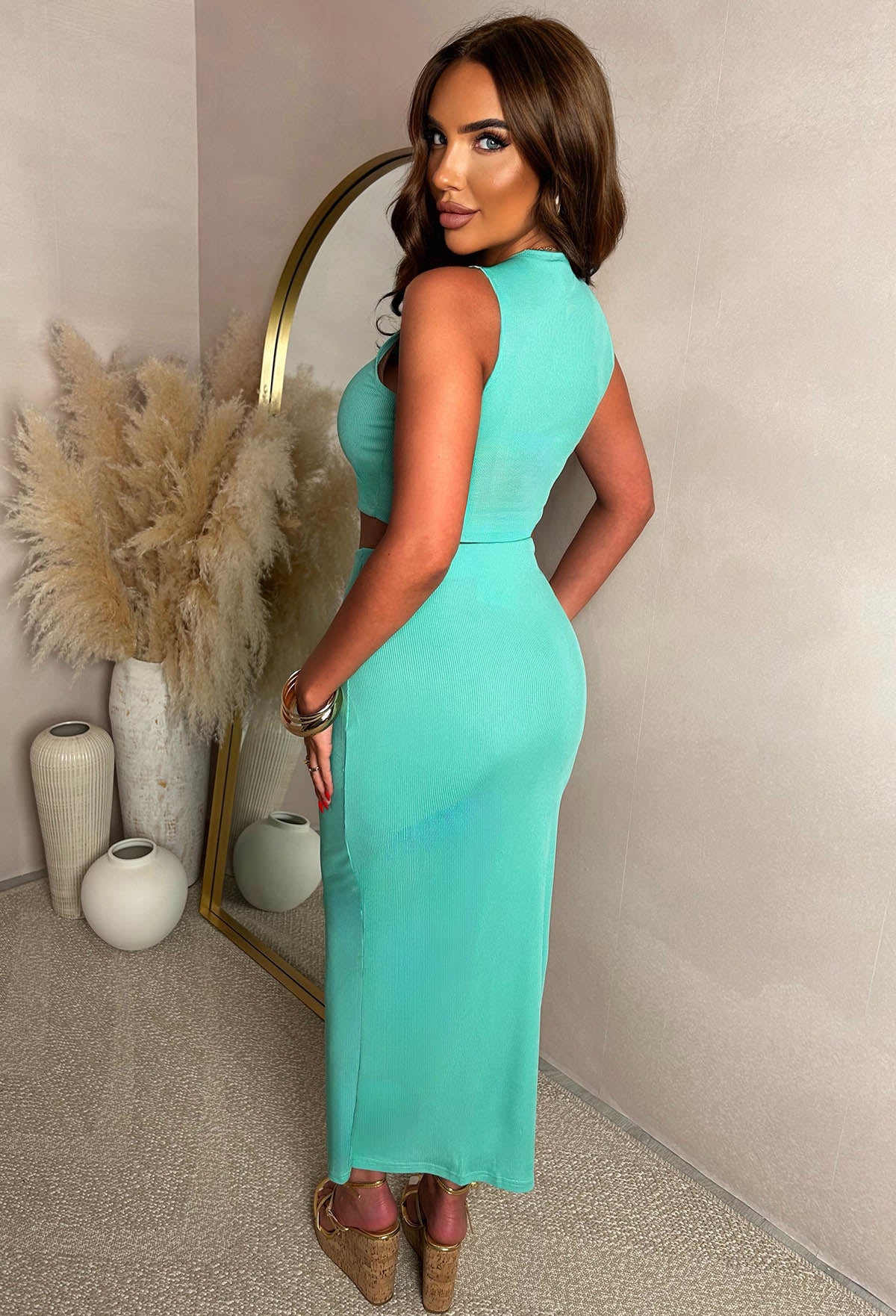 Honey Please Aqua Ribbed Midi Skirt