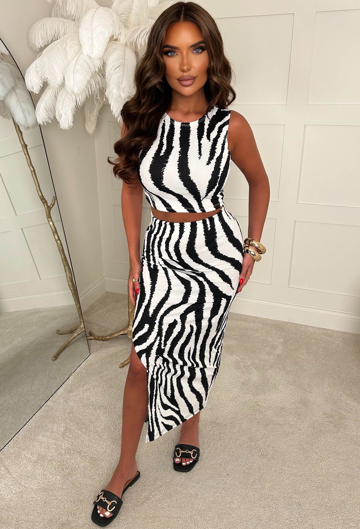 Honey Please Black Zebra Print Ribbed Midi Skirt