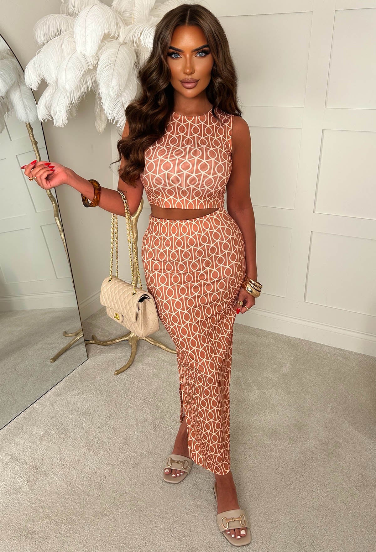 Honey Please Orange Geometric Print Ribbed Midi Skirt