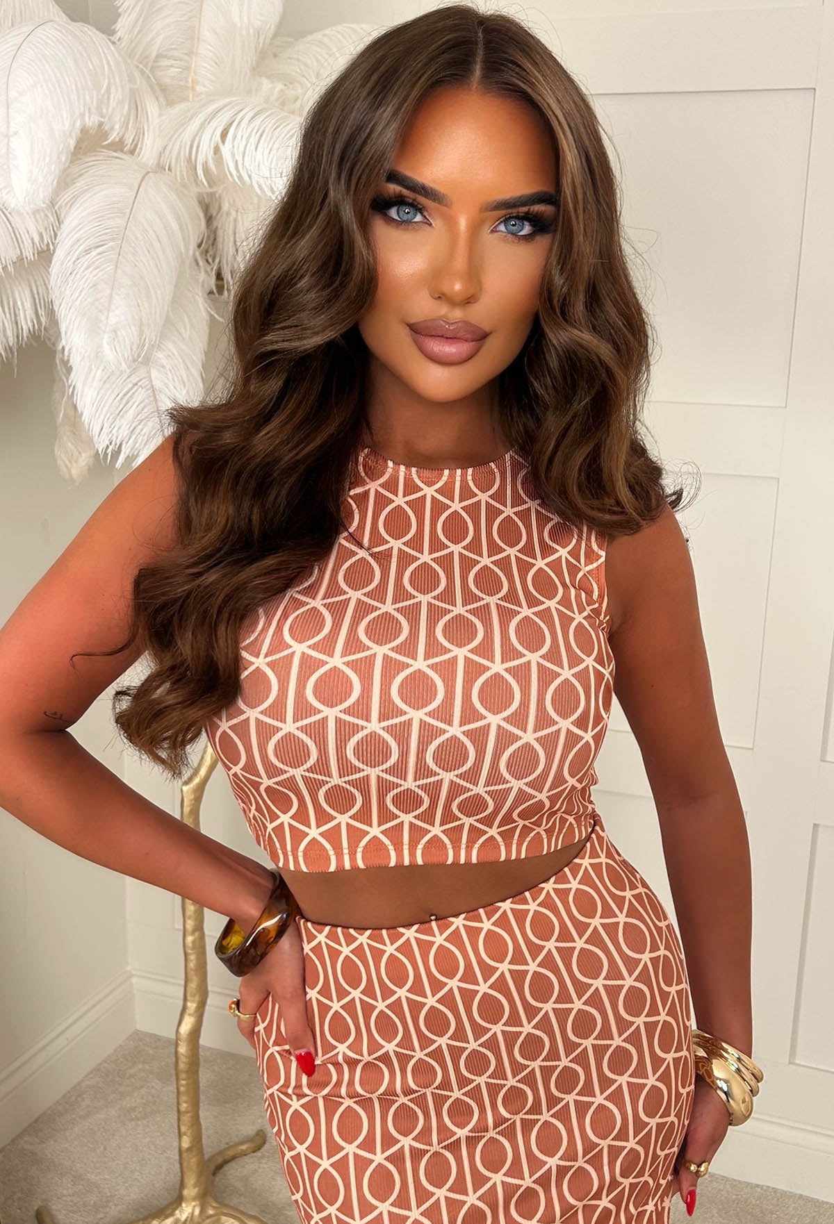 Honey Please Orange Geometric Print Ribbed Vest Top