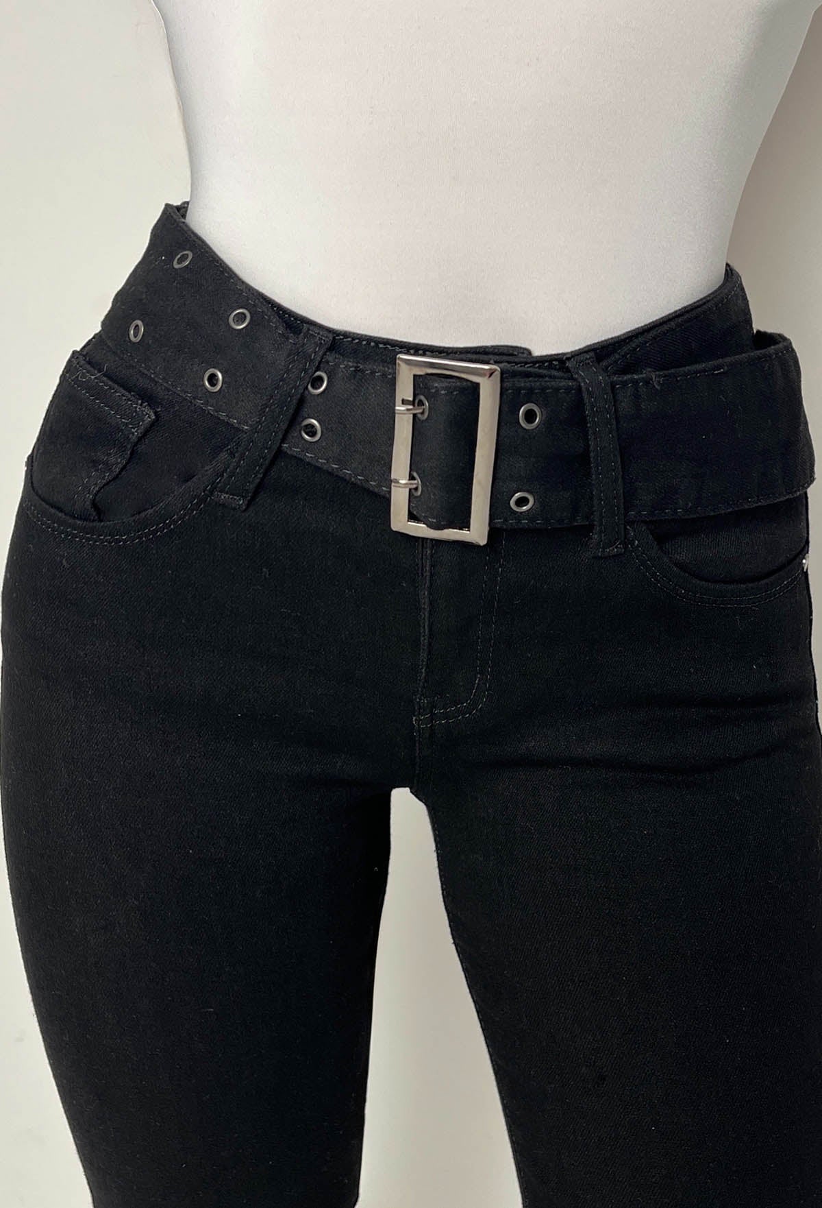 Hot As Hell Black Low Rise Stretch Belted Flare Jean