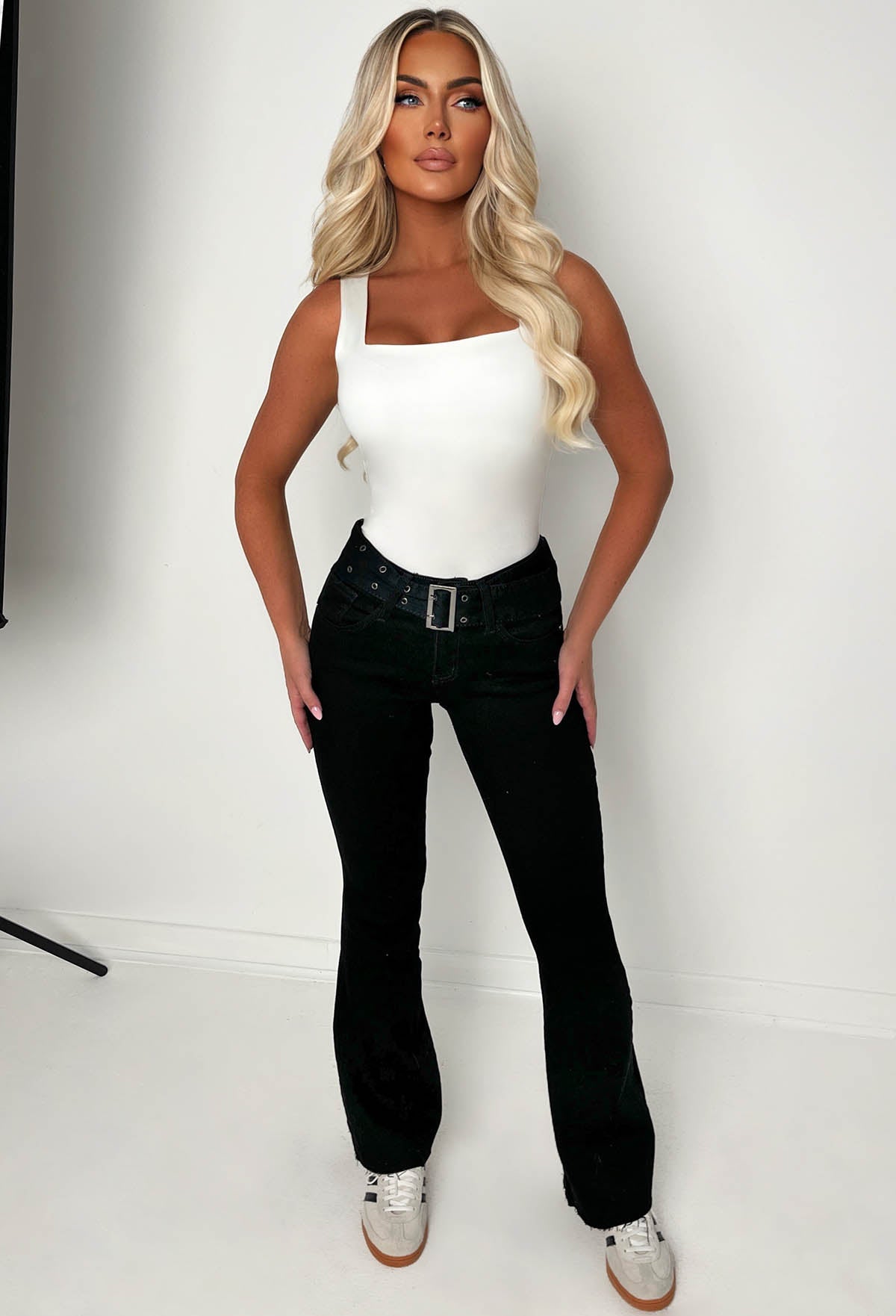 Hot As Hell Black Low Rise Stretch Belted Flare Jean