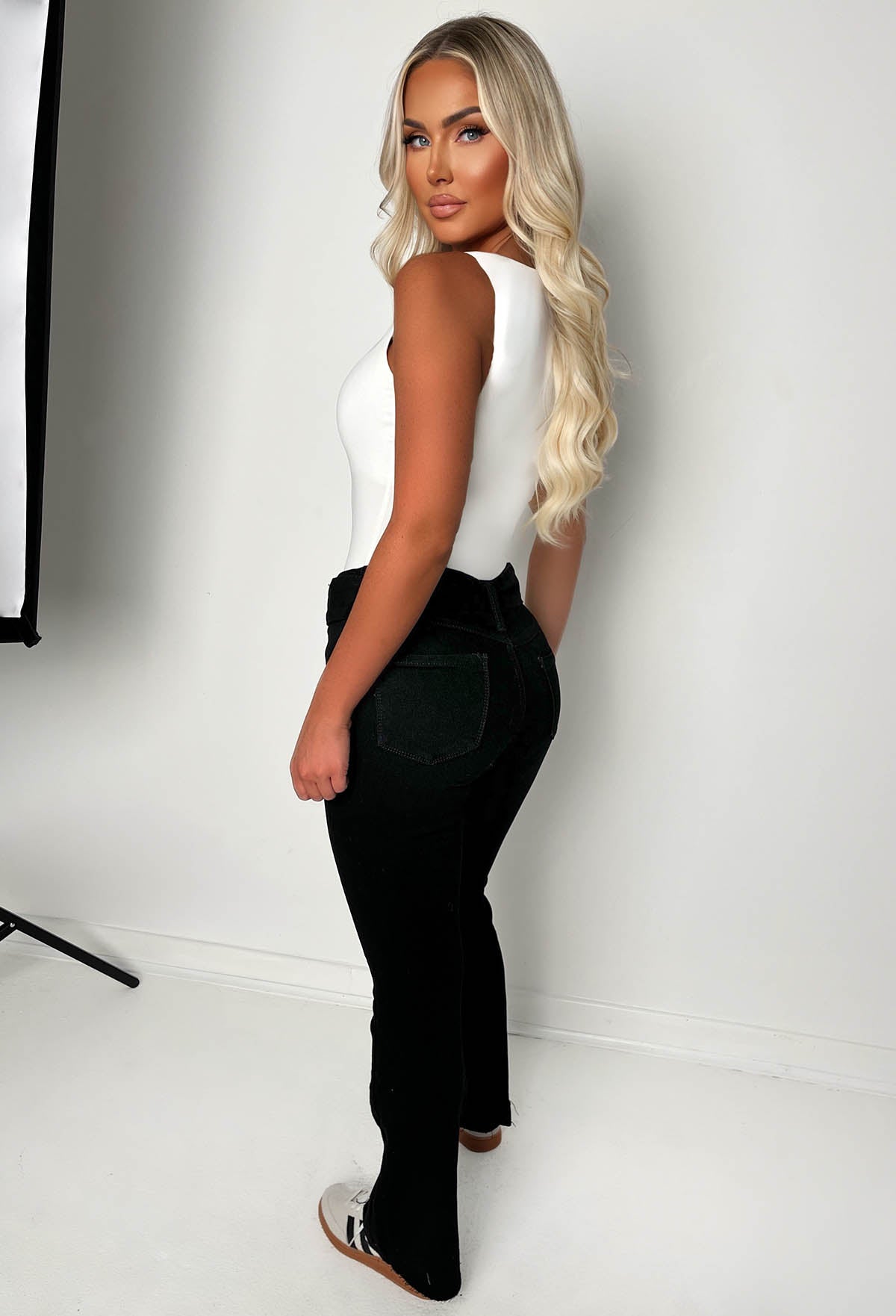 Hot As Hell Black Low Rise Stretch Belted Flare Jean