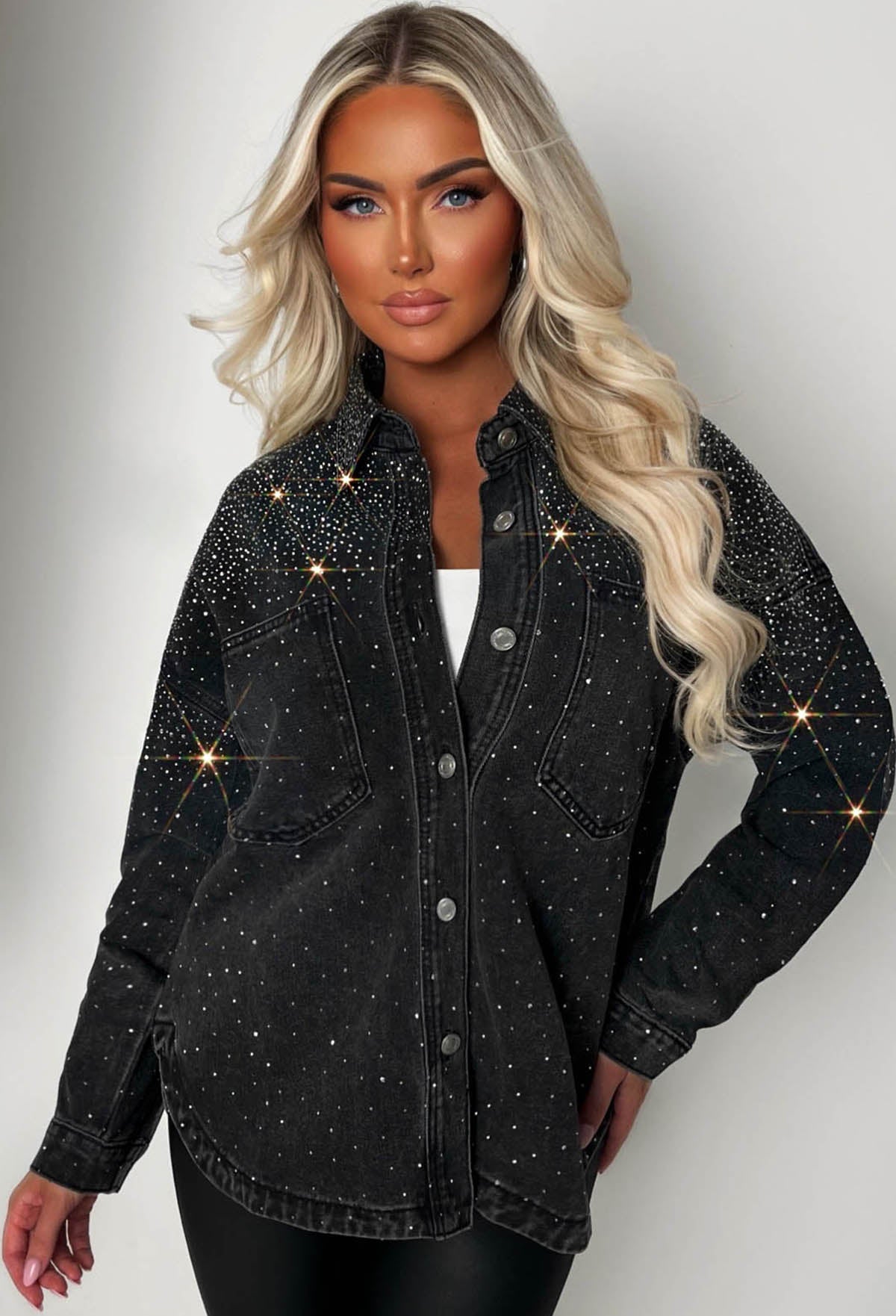 Hot To Handle Black Oversized Hot Fix Denim Shirt
