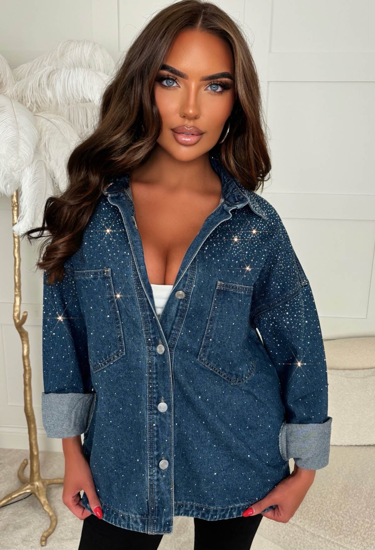 Hot To Handle Mid Blue Oversized Hot Fix Denim Shirt | Pink Boutique