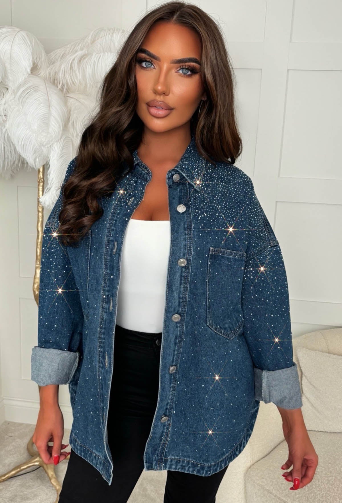 Hot To Handle Mid Blue Oversized Hot Fix Denim Shirt
