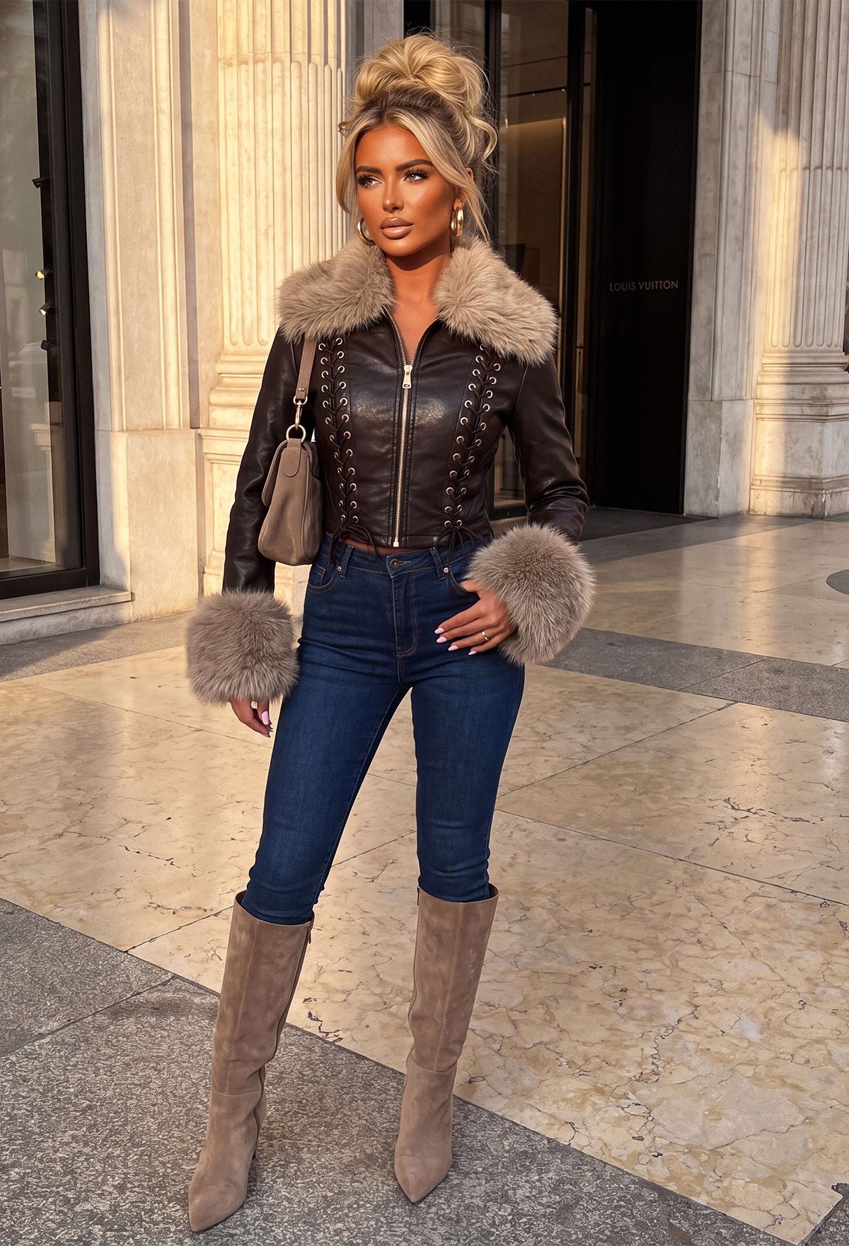 Chocolate brown faux fur leather jacket with eyelet lace-up detail, zip fastening, and fluffy collar and cuffs.
