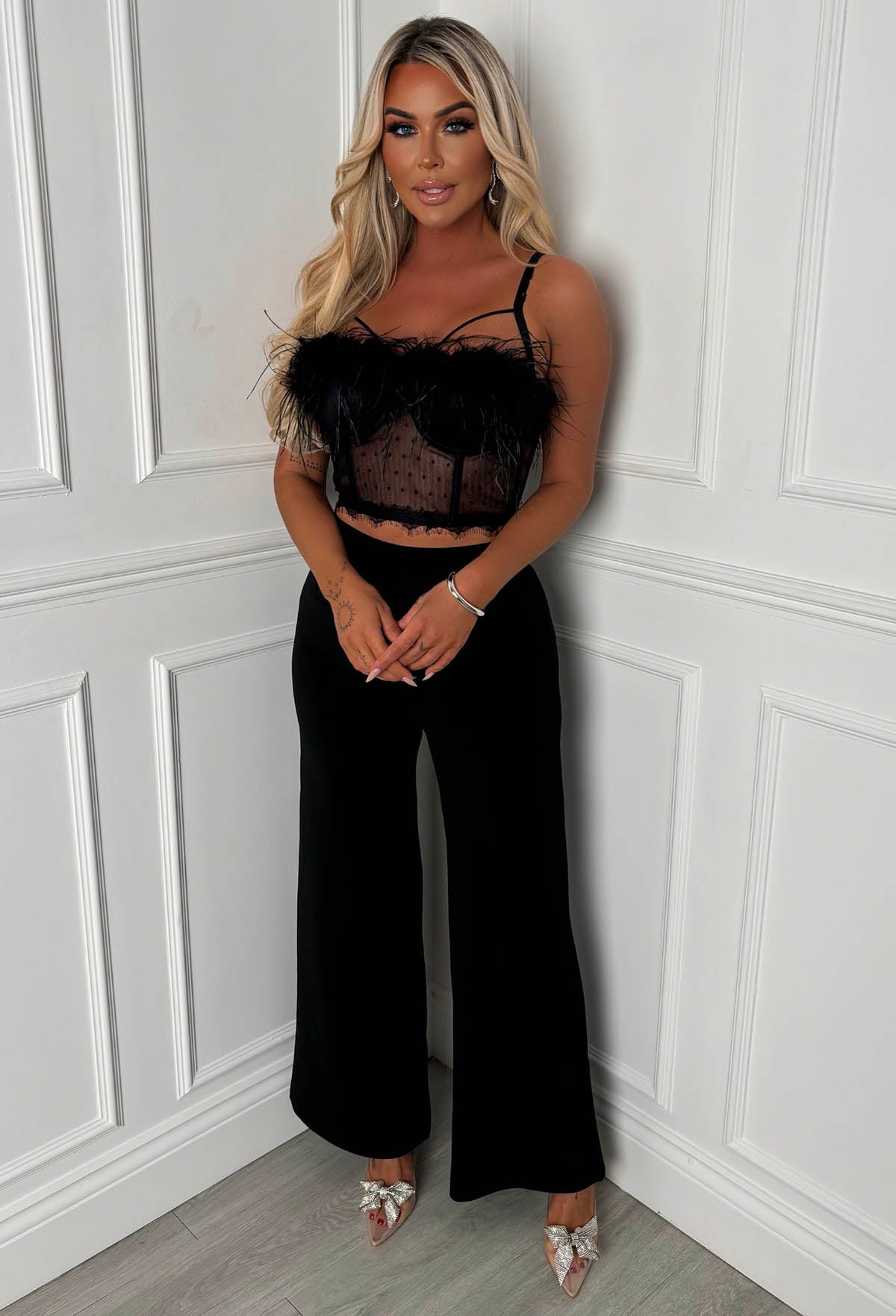 I See Fire Black High Waisted Wide Leg Trousers Regular Leg Length