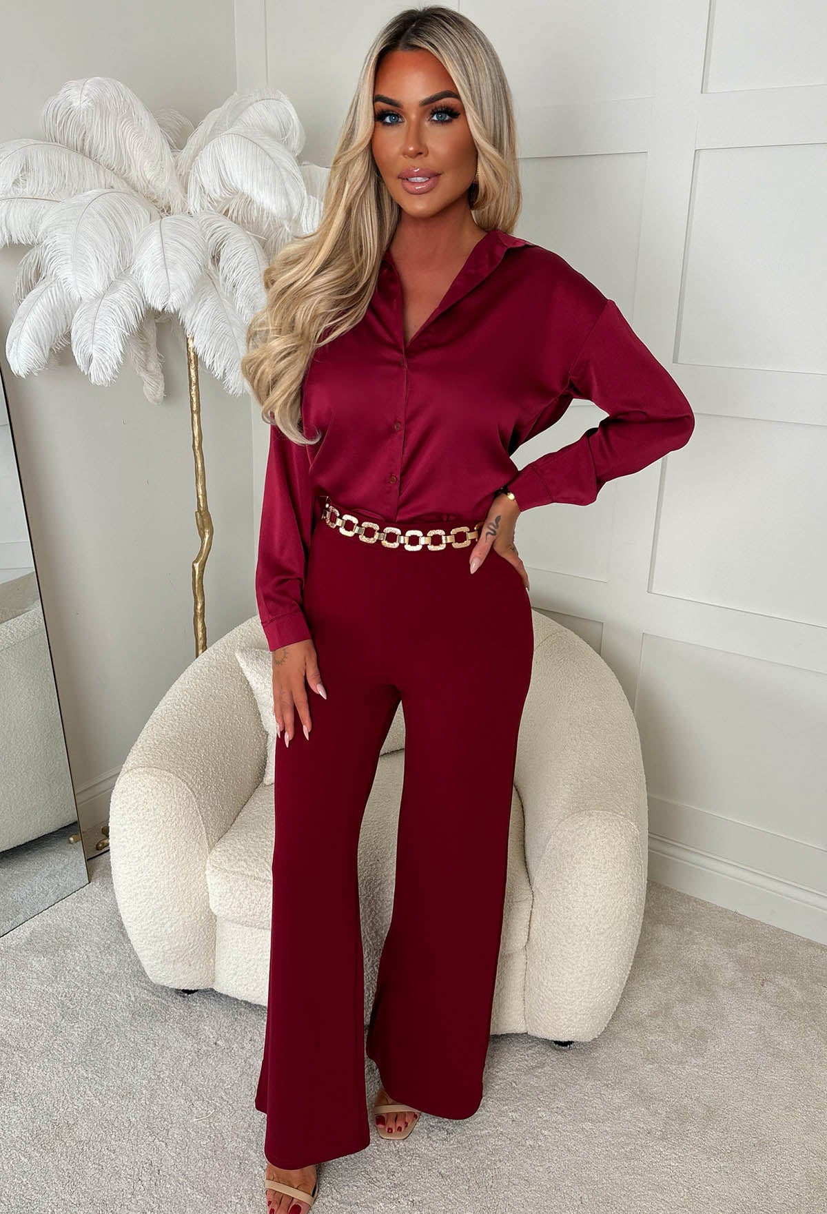 I See Fire Burgundy High Waisted Wide Leg Trousers