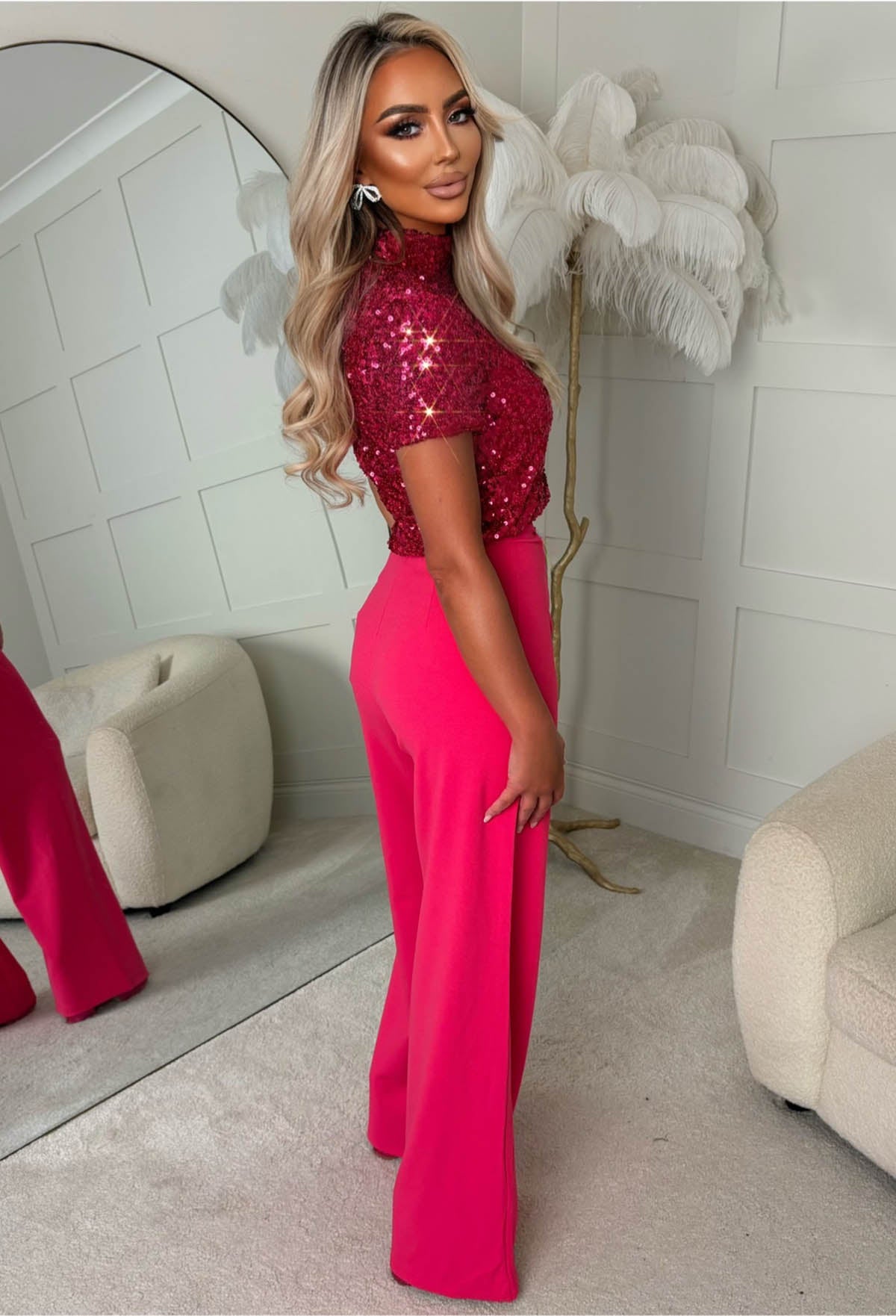 I See Fire Fuschia High Waisted Wide Leg Trousers