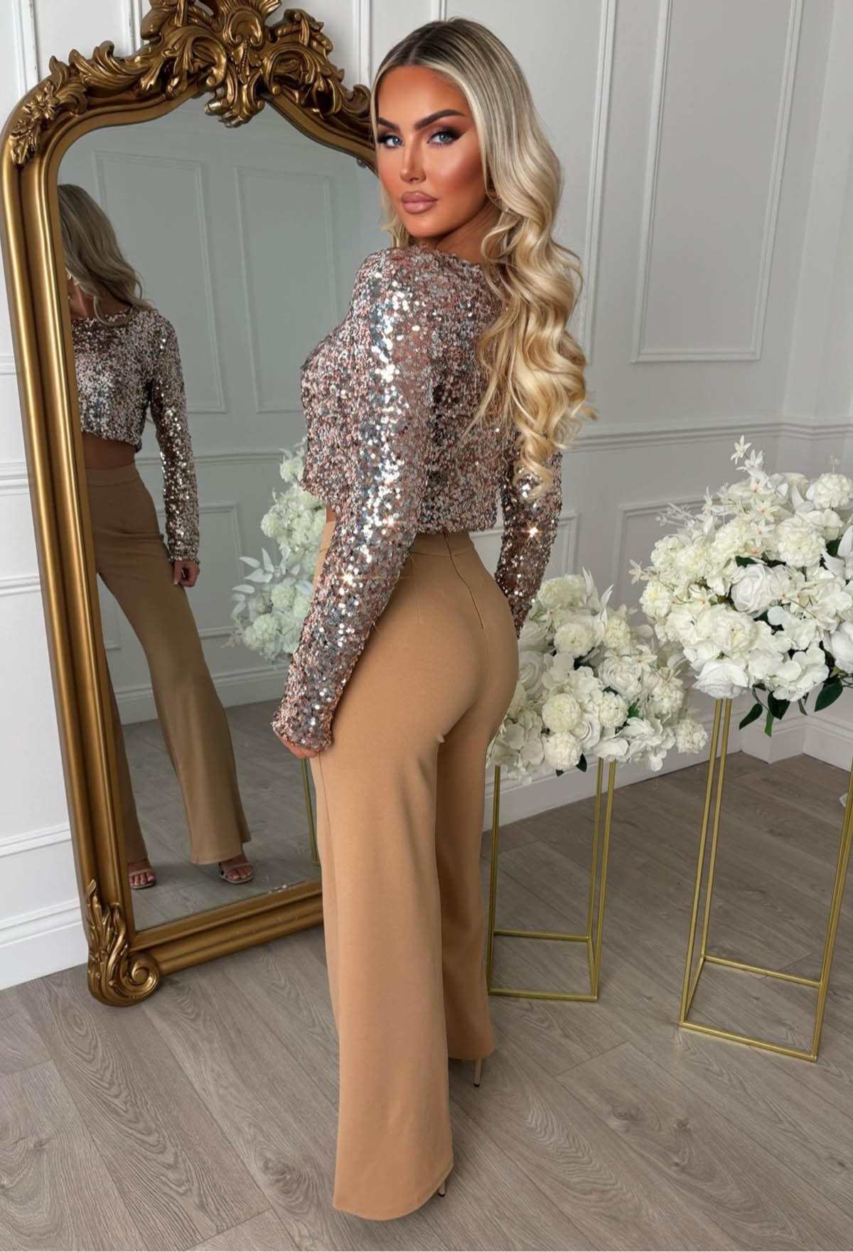 I See Fire Nude High Waisted Wide Leg Trousers