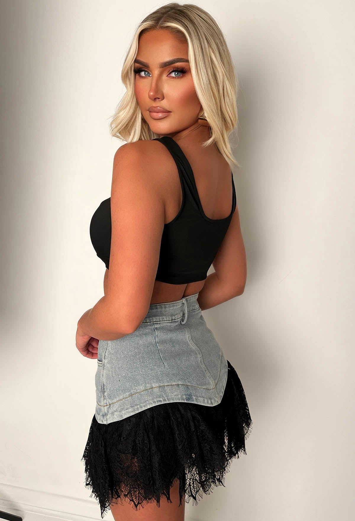 Ibiza It Girl Black Lace Detail Denim Mini Skirt