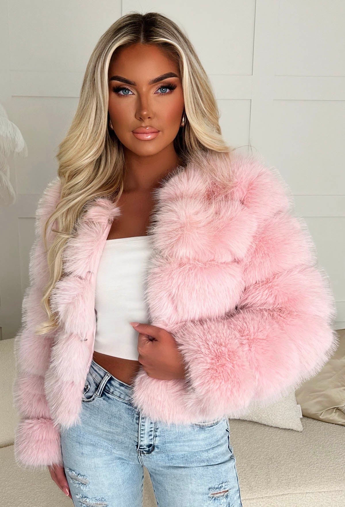 Iconic Daydream Baby Pink Faux Fur Collarless Jacket Pink Boutique