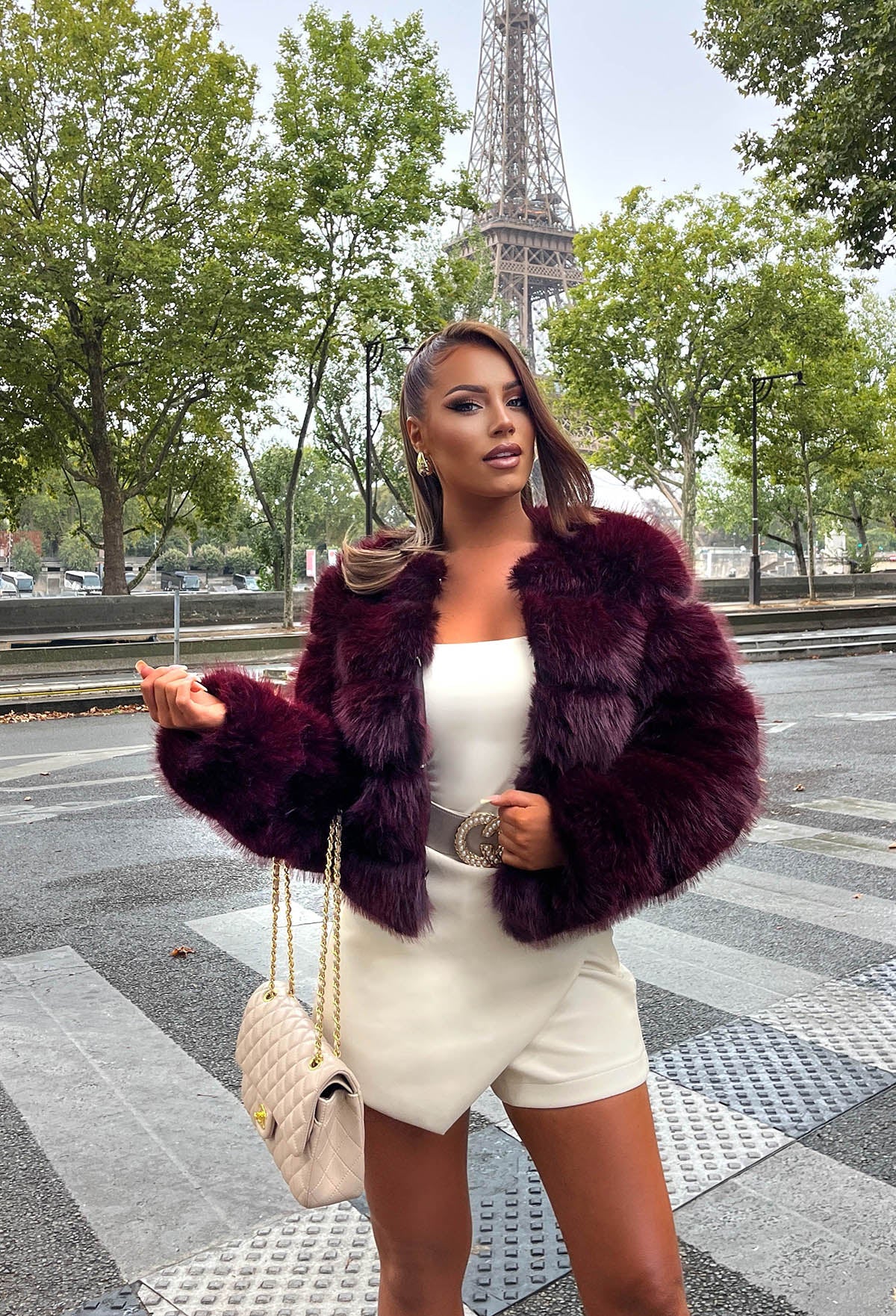 Iconic Daydream Burgundy Faux Fur Collarless Jacket Pink Boutique