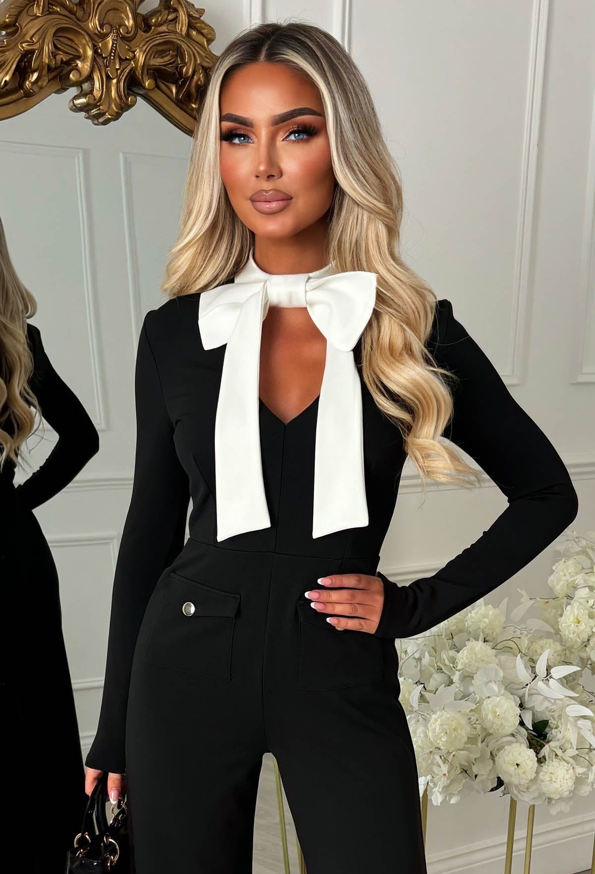 Black Bow Neck V Neck Long Sleeve Jumpsuit