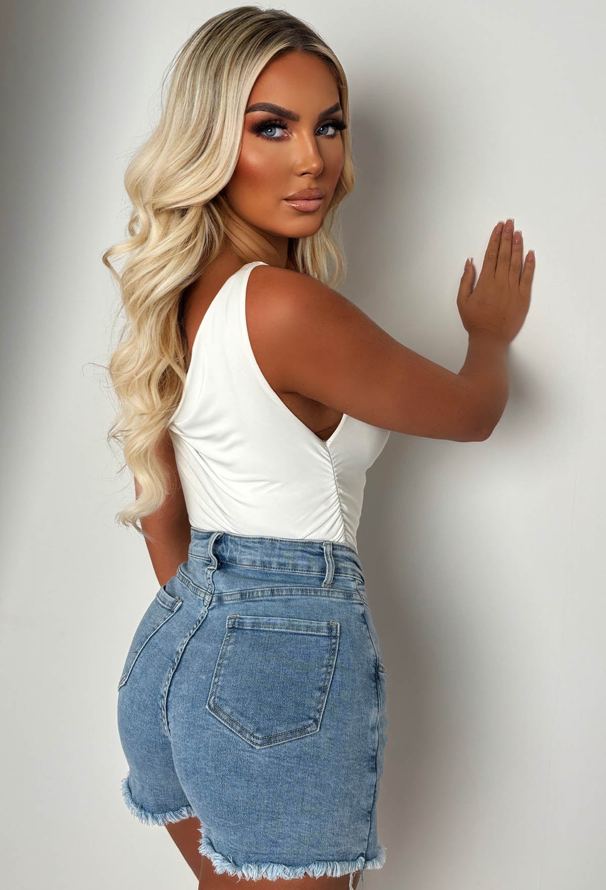 I'm That Girl Light Wash Denim Stretch Button Front Skort