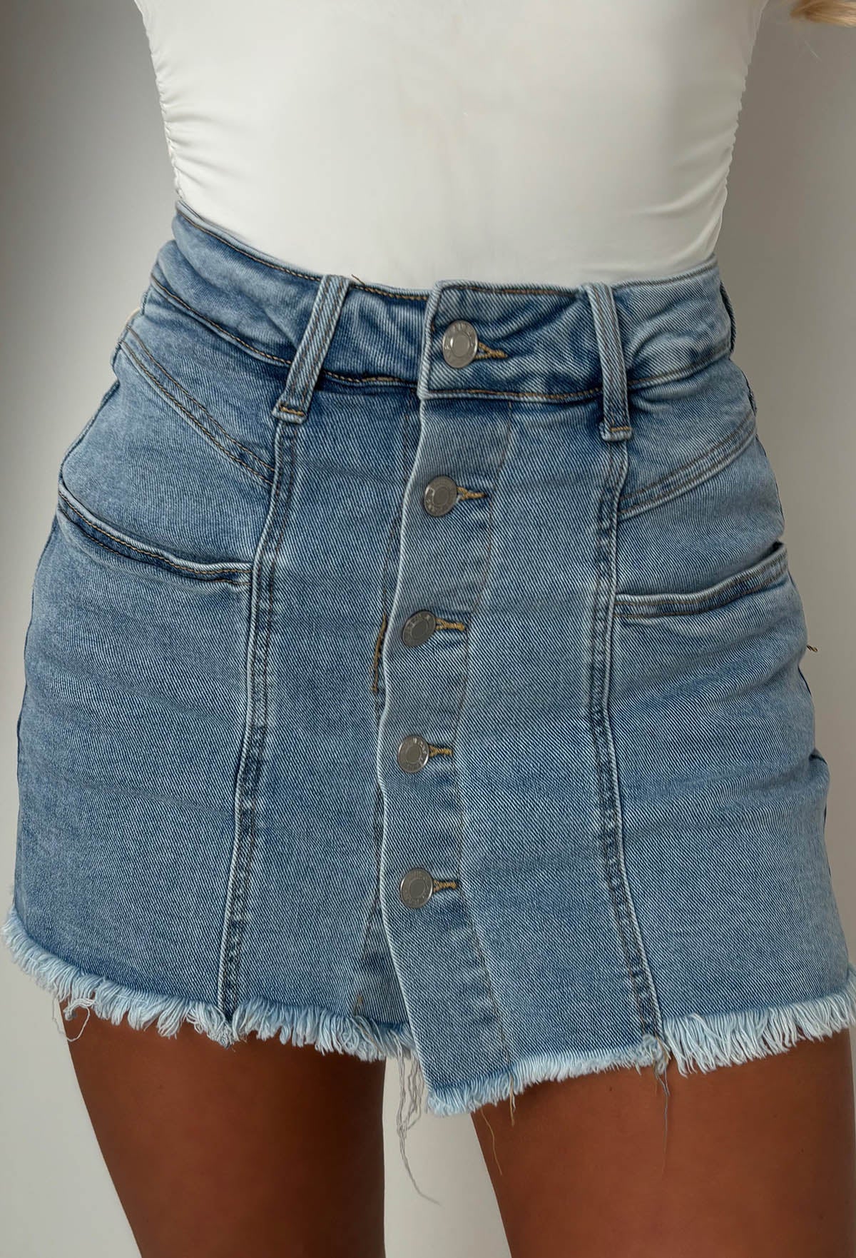I'm That Girl Light Wash Denim Stretch Button Front Skort
