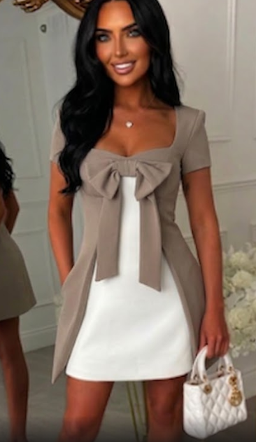 Isabella Taupe Contrast Short Sleeve Bow Mini Dress