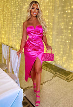 Dream Of You Hot Pink Satin Bandeau Wrap Padded Cup Midi Dress