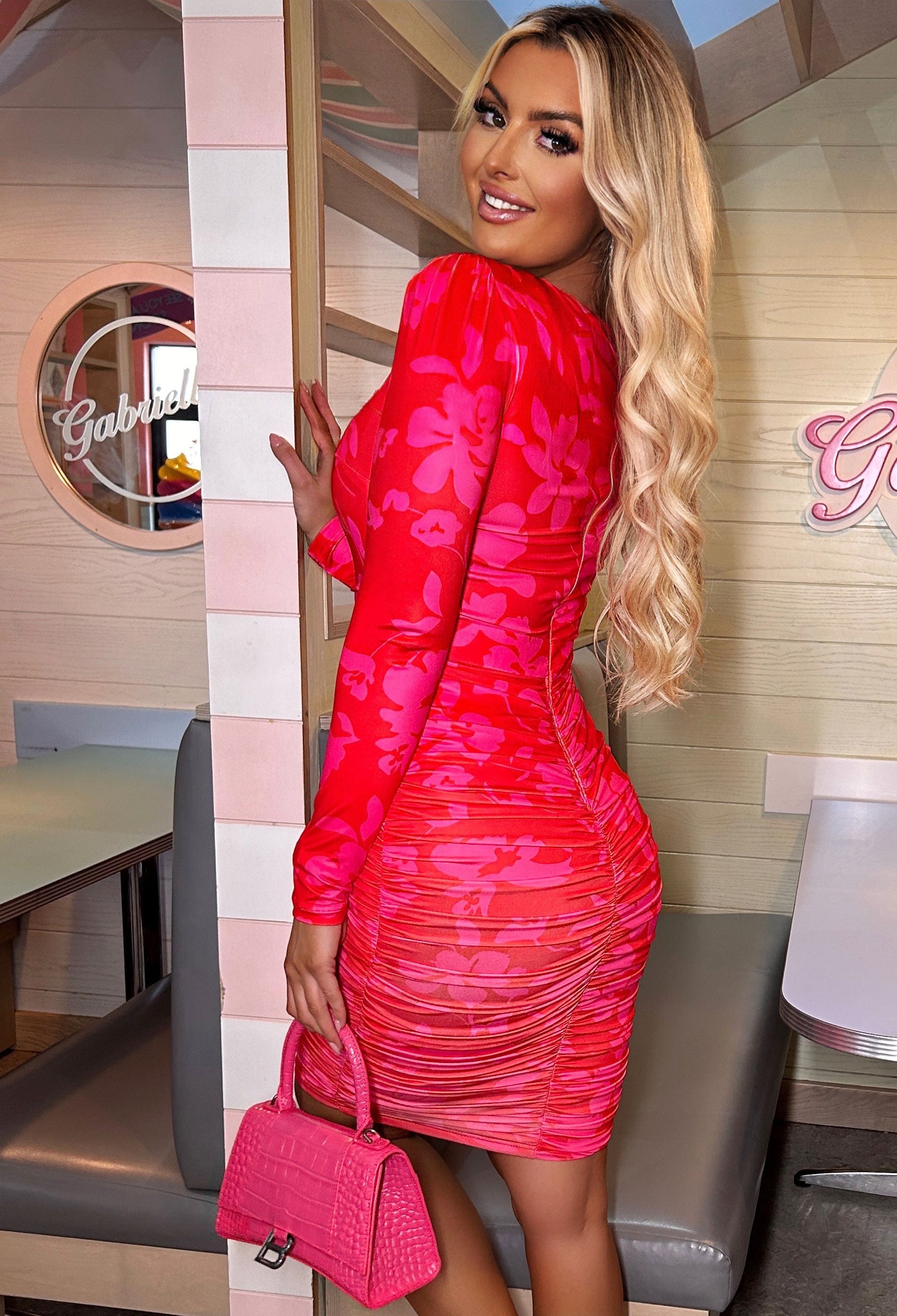 Wish You Were Mine Red Floral Long Sleeve Ruched Midi Dress