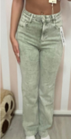 Green stretch wide leg washed jean with high waist, button fastening and subtle faded effect.