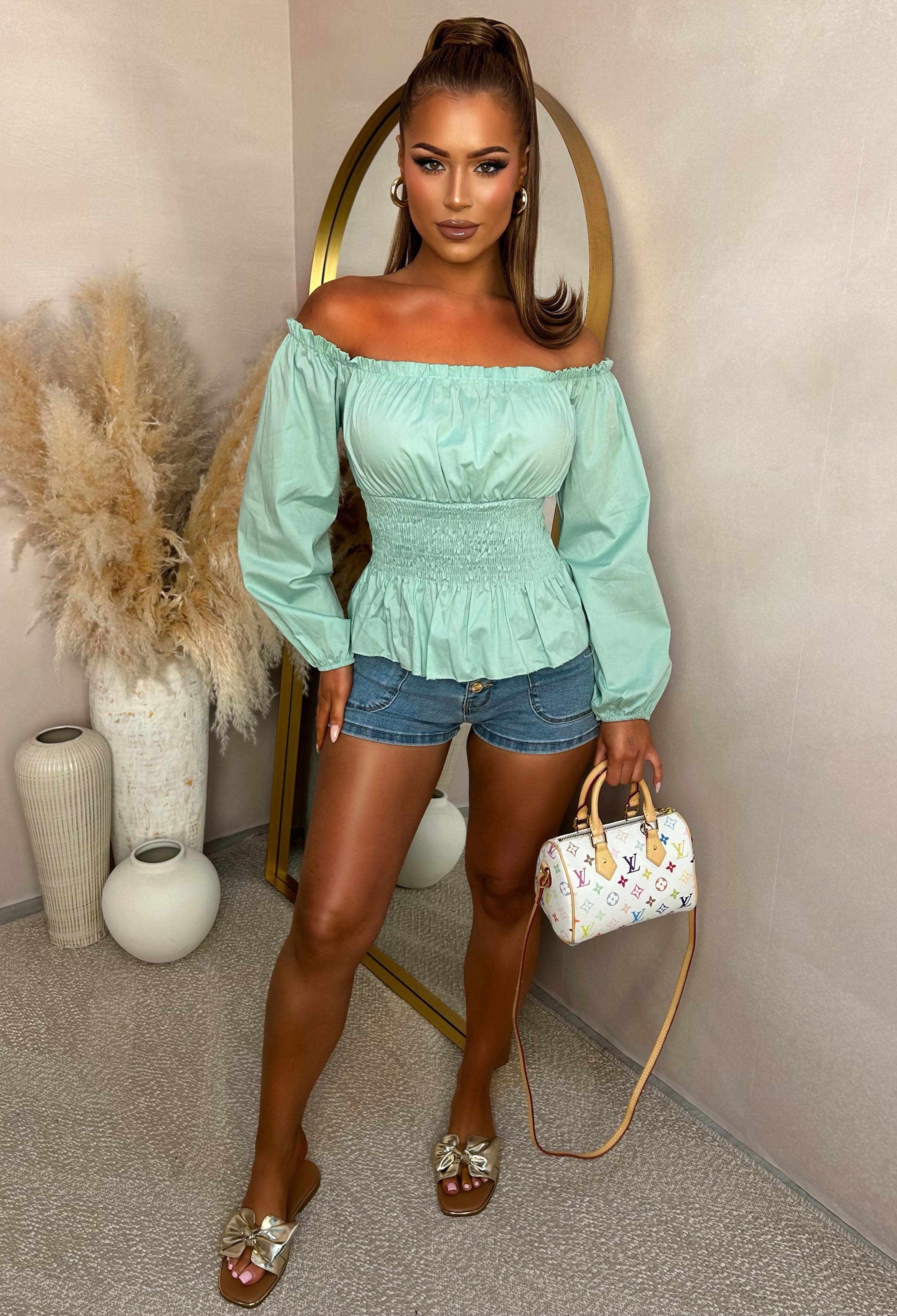 In A Daydream Light Green Shirred Waist Poplin Top