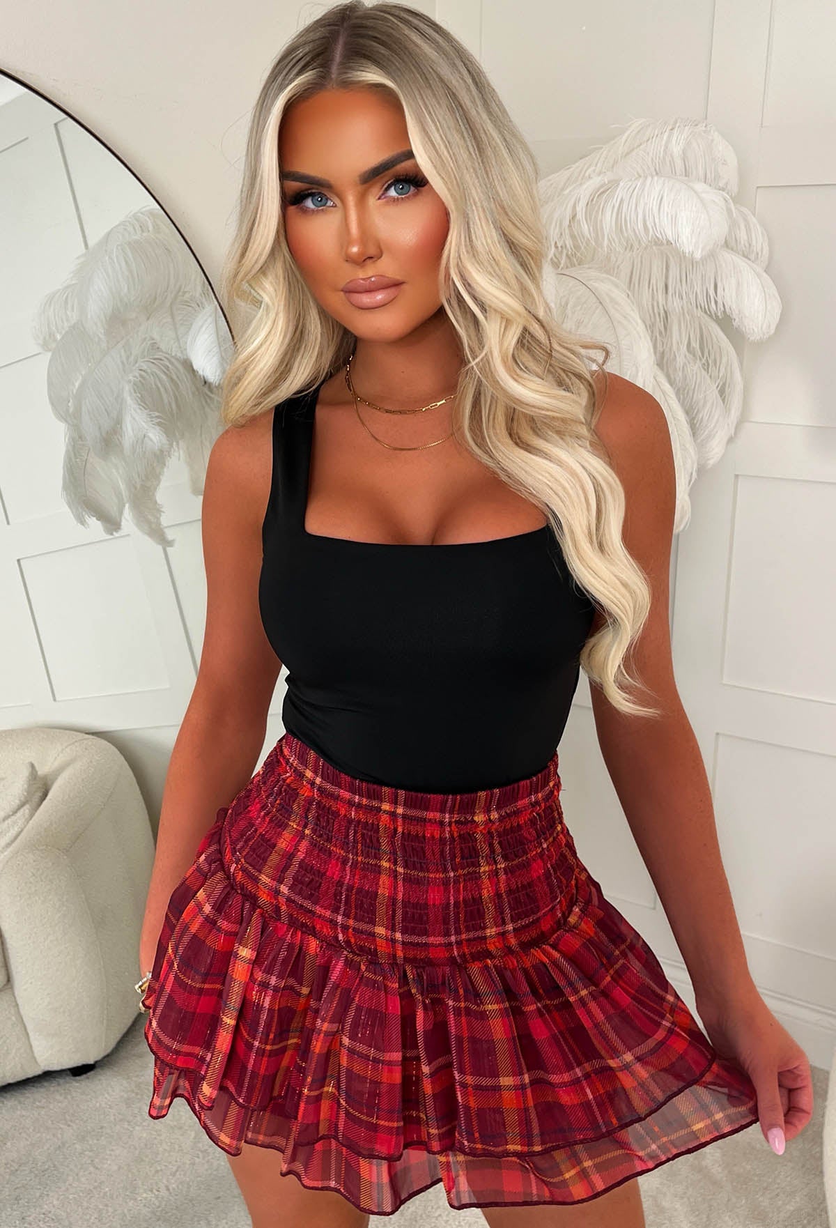 In Sync Burgundy Check Ruffle Skirt